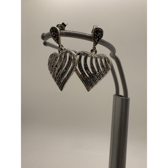 Vintage Heart Shaped Sterling Silver 925 & Marcasite Earrings Diamond Read Descr - Picture 8 of 12